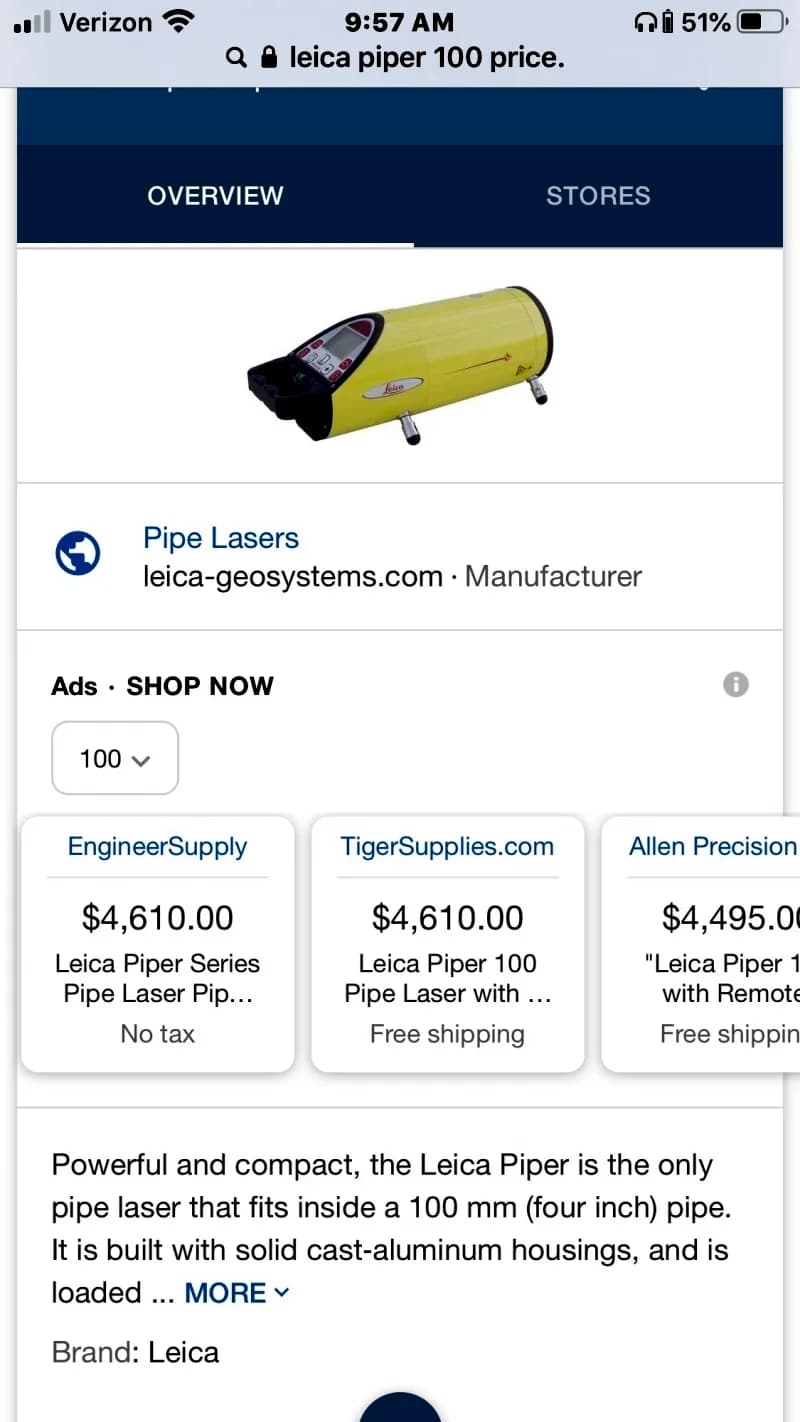 Leica Pipe Laser ...only pipe laser that fits in 4" pipe — photo 4 of 4